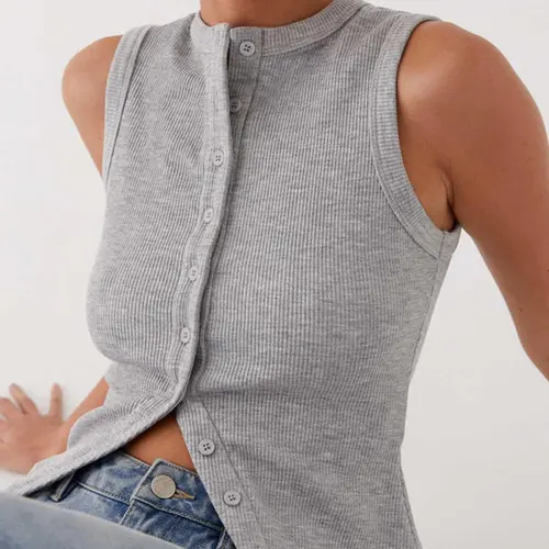 Women's Plain Button Front Ribbed Tank Top, Casual Sleeveless Round Neck Top for Daily Wear, Ladies Clothes for All Seasons, Everyday