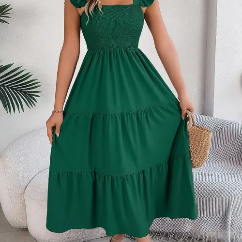Women's Plain Ruffle Hem Shirred Tiered Layer A Line Dress, Casual Boho Lounge Dress Butterfly Sleeve Square Neck Long Dress for Summer, Ladies Clothes for Beach Holiday Vacation, Casual Dresses, Womenswear