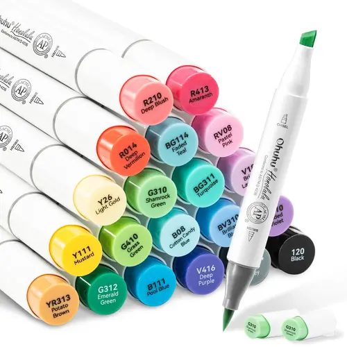 Ohuhu Alcohol Markers: Brush& Fine - 24 Colors for Adults Coloring, AP Certified Refillable Dual Tips Marker for Artist Beginner Drawing Illustration Sketching - Honolulu B & 2B Series of Ohuhu