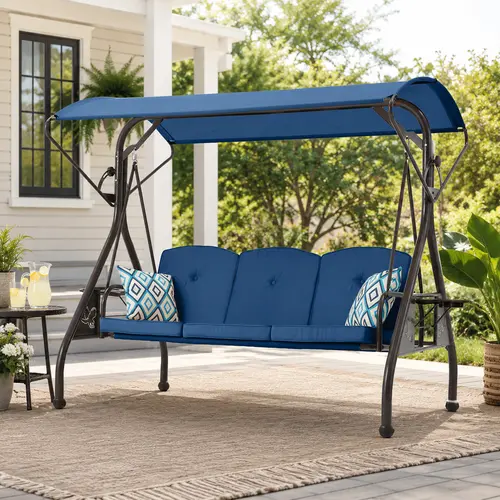 【ZZWHOM】Porch Swing Chair - Classic 3-Seat Heavy-Duty Iron Outdoor 2in1 Bed/Seat with Stand, Adjustable Anti-Tear Eco-Friendly Canopy, Waterproof Rustproof Patio Set (2 Free Pillows, Butterfly Accents, 800lbs vs 450lbs, Assembly Required)