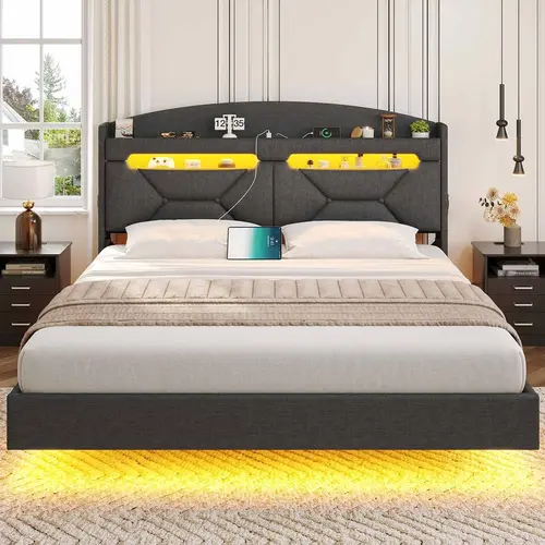 Sikaic Floating Bed Frame Full Size with Type-C Charging Station & Storage Headboard, RGB Floating Platform Bed, No Box Spring Needed, Wooden Slats Support, Dark Grey, Home Furniture Christmas Gifts cozy home familyfun [TikTokShopblackfriday]