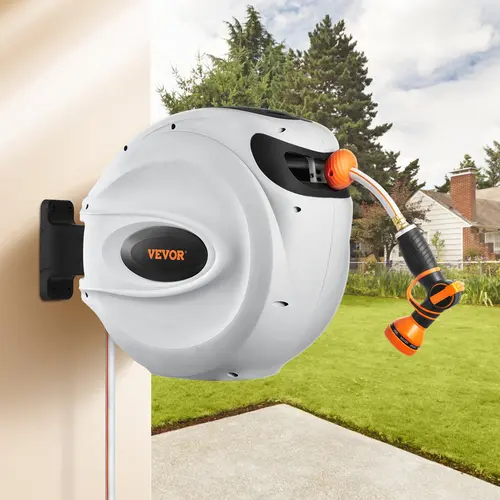 【toolupgrade】VEVOR Wall-Mounted Retractable Garden Hose Reel, 65'x5/8" Extendable 3-Layer PVC Hose, 9-Pattern Nozzle, 180° Wall Swivel, 200psi, All-Weather Shell, Auto Rewind, Brass Lead-In, for Watering, Fits Brick/Concrete