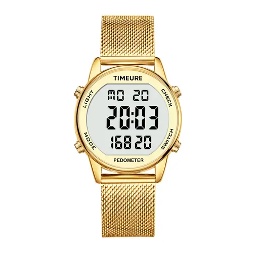 Step Counter Pedometer Watch with Stainless Steel Bracelet, Stylish Design, Fashion, No App, Golden, Calorie, Distance, Alarm, Countdown Timer 2401