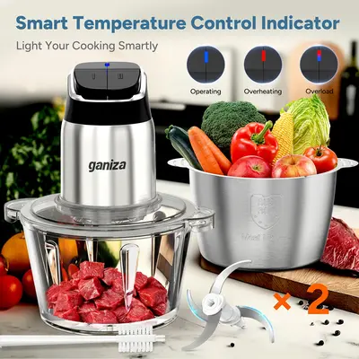 Ganiza Food Processor with 8 Cup Glass Bowls & 8 Cup Stainless Steel 2-Speed Food Chopper Meat Grinder Upgraded Button & Smart Overheat Protection Light - Includes Clean Brush 2 Sets of Blades Kitchen Vegetable Slicer Kitchen Appliances