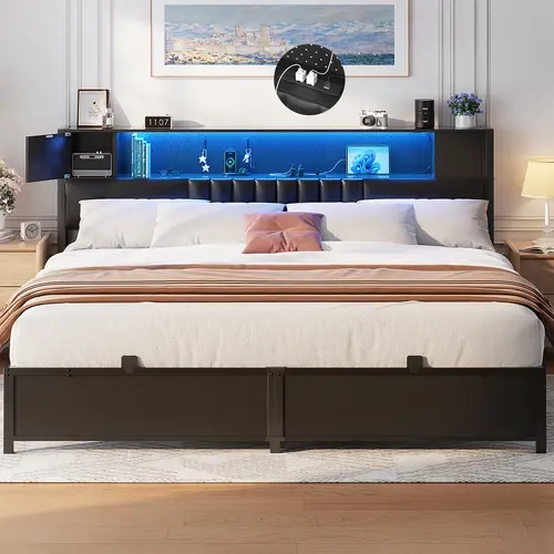 Homieasy King Size Bed Frame With LED Light and Upholstered Storage Headboard, Metal Platform Queen Size Bed Frame With Charging Station, No Box Spring Needed, Easy Assembly, Noise-Free, Black upholstered bed