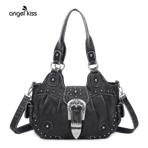 Angel Kiss Women's Handcrafted Vegan Leather Hobo Bag (14.5"x5.8"x8.6") - Metal Studs, Colorblock, Multi Compartment, Cosmetic Friendly, Zippered, Adjustable Shoulder Bag, Crossbody Backpack, Fits Phone Wallet Pad, Everyday Purse, Back to School Gift