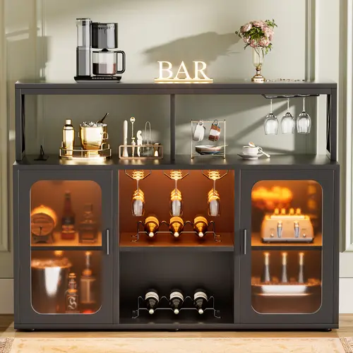 Cyclysio Freestanding Modern Storage Wine Bar Cabinet - Sturdy Cabinet Dining Room Furniture with RGB LED Lights, Charging Station, Glass Holder, Drink Storage Organizer for Charge at Arm’s Reach