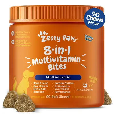 Zesty Paws 8-in-1 Chewable Multivitamin Bite for Dogs, Chicken Soft Chew Immune Support Dog Treats Supplement 8  in dog  supplements