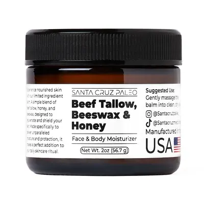 Santa Cruz Paleo Beef Tallow, Beeswax, and Honey Moisturizer - Grass Fed Beef Tallow Face & Body Moisturizer for Deep Hydration - Safe for Sensitive Skin, Organic, Non-Comedogenic (3.5 oz)