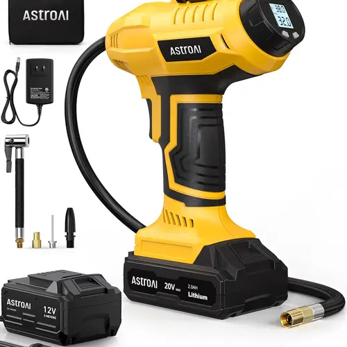 AstroAI Wireless Quick Fill Inflator - 20V Battery Power Metal Air Compressor, 160PSI, 12V Adapter, Digital Pressure Gauge, LED Light, Bar/KPA/PSI Swap, 1H Charge for Cars, Motorcycles (C2, Yellow)