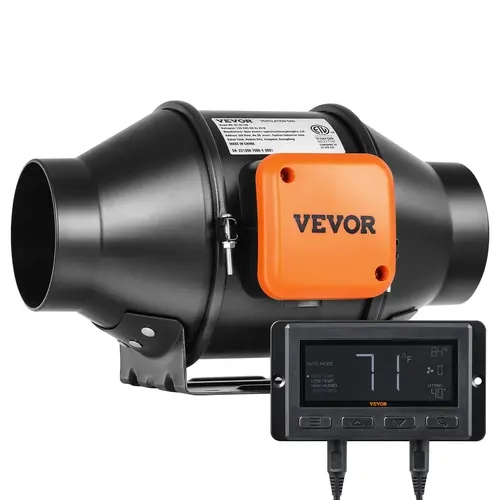 VEVOR 4-Inch Inline Duct Extractor Fan, 205 CFM 28 dB Quiet EC-Motor Ventilation Ventilator, 4 Inch-EC Motor with Temp Humidity Controller, Alarm, Push Button, Stainless Steel Clamp, Wall Mount, Straps for Grow Tents, Basement Home Improvement