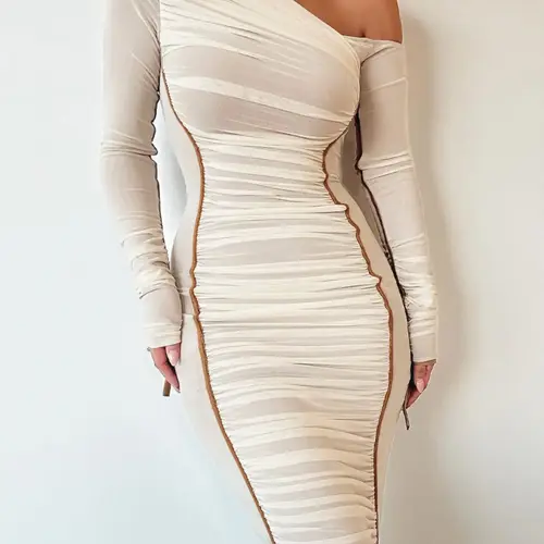 【Black Friday】Women's Striped Ruched Asymmetrical Neck Bodycon Stretch Dress, Elegant Long Sleeve Club Dress for Parties, Clubs & Dates, Women's Clothing for Spring & Fall
