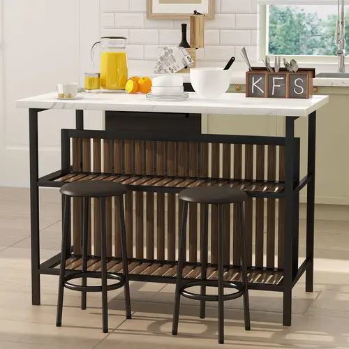 Recaceik 47.2" Industrial Counter Height Kitchen Island Dining Set - Rectangle Top, 2 Backless Counter Chairs, Storage, Apartment Furniture, Modern Home Decor, Pub-Bar Vibe Pick for Coffee Shops Cocktail Time, Assembly Required