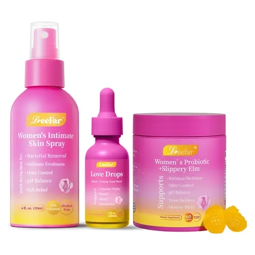 Leefar Her Trio - Her Fresh Intimate Skin Spray + Her Juicy Women’s Probiotics+Her Love Love Drops Bundle