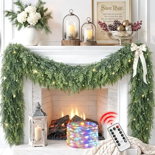 2-Pack Pre-Lit Artificial Cedar Hanging Garland Sets, 6ft/9ft, Warm White & Multicolor Fairy Lights with Remote Switch, Natural Greenery Decoration for Mantel & Staircase, Festive Home Event Supplies
