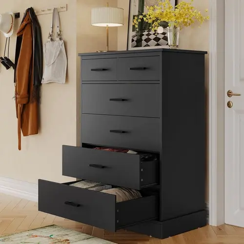 Sikaic Black Dresser for Bedroom, 6 Drawers Dresser Wood Storage Tower Clothes Organizer, Chest of 6 Drawers, Large Capacity Storage Cabinet, Tall Dressers for Bedroom, Hallway, Entryway, Home Furniture Christmas Gifts cozy home familyfun [TikTokShopblack