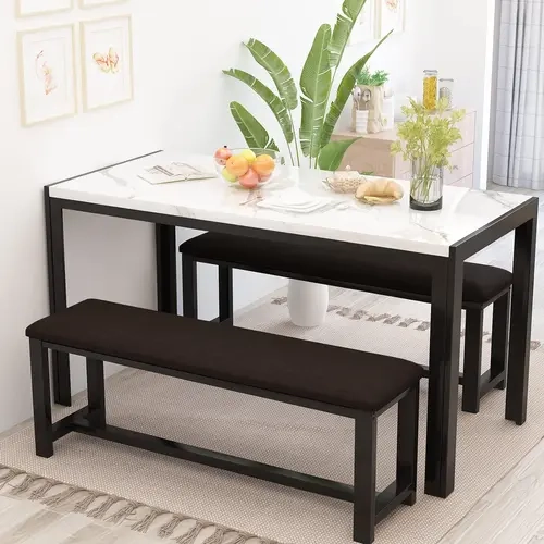 Recaceik 4-Person Rectangular Modern Wood Dining Table Set - Faux Marble Top, Stable Iron Legs, 2 PU Leather Benches, Durable, Scratch-Proof, Minimalist Design, Assembly Required Apartment Furniture for Bar, Cafe