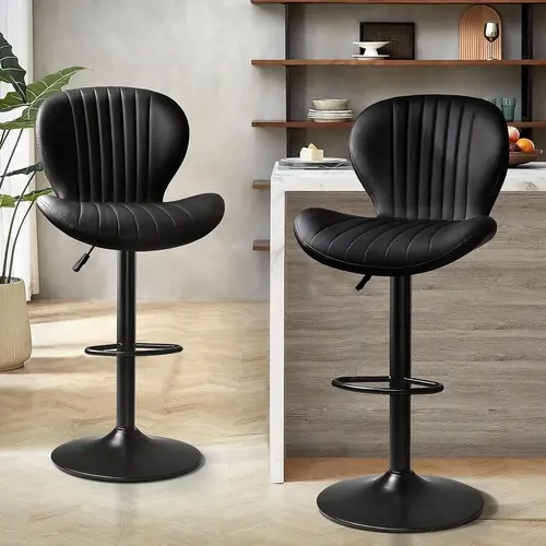 PUKAMI Leather Bar Stools Set of 2, Sturdy Stainless Steel Adjustable Swivel Counter Height Chairs with Back & Footrest for Living Room, Modern Kitchen Indoor Furniture (Black)
