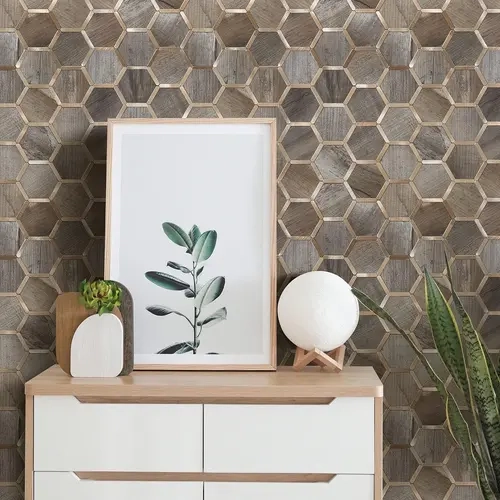 STICKGOO 10 Sheets Hexagon Wooden Peel and Stick Backsplash Tile, Stick on Backsplash for Kitchen and Bathroom Water Proof