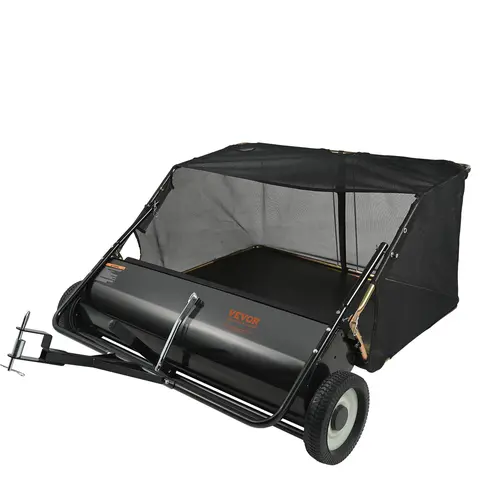 VEVOR 26-in Hand Push Walk-Behind Lawn Sweeper, Durable Garden Cleaning Tool with Adjustable Spinning Brush Height, Strong Rubber Wheels, Heavy-Duty Thick Steel, 7 cu. ft. Mesh Hopper Bag for Sidewalks/Drives