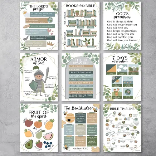 Hadley Designs 9-Piece Bible Scripture Wall Art Set - 11x14 Unframed Decorative Artwork with Bright and Colorful Designs, Farmhouse Botanical Barn Religious Home Wall Art, Sunday School Decor, Lifetime Replace Guarantee
