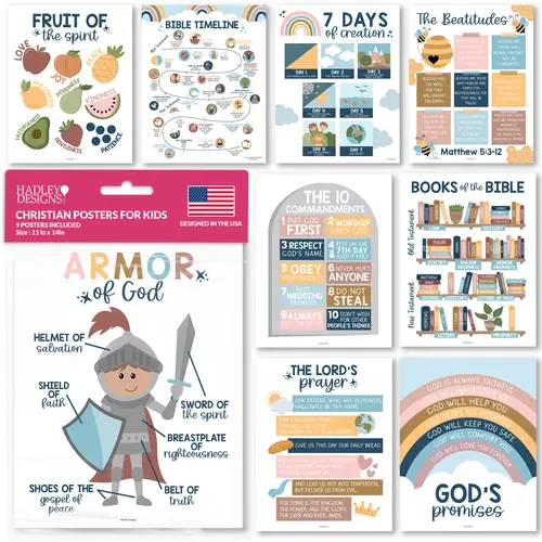 Hadley Designs Laminated Bible Posters Set (9 Pcs, 11 x 14 inch) - Bright Kids Learning Tool, 3 Design Variations, Homeschool Supplies, Religious Home Decor for Sunday School, Builds Strong Spiritual Foundation