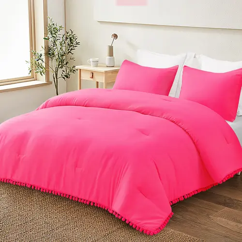 【Exclusivo Mezcla】SohoChic Boho Ball Pom Pom Fringe Polyester Puff Quilt Bed Cover Set - Lightweight Down Alternative Bedding Set, Sized for Twin, Queen, King Beds, All-Season Home Decor