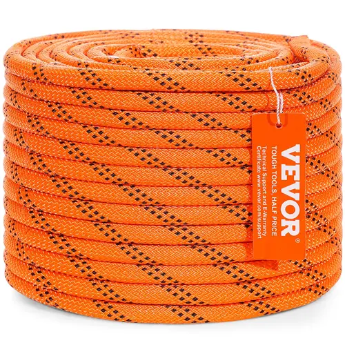 VEVOR Climbing Rope, 3/8 in x 120 ft (3/8 inch diameter, 120 ft) Dual-Weave Polyester Braided Rope, 48-Strand, 4000 lbs Tensile Strength, Heavy Duty with 10% Length Increase, Heat-Sealed Ends, for Arborist Work & Outdoor Climbing, Orange/Black