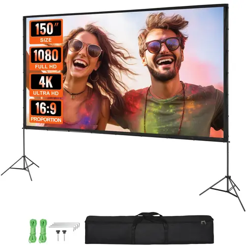 VEVOR 150-in 16:9 Polyester Projection Screen with Stand, Wrinkle-Free 4K 1080HD Front and Rear Outdoor Indoor Cinema Screen, Tripods, Carry Bag, Ground Stakes and Ropes for Easy Installation (TikTokShopBlackFriday)