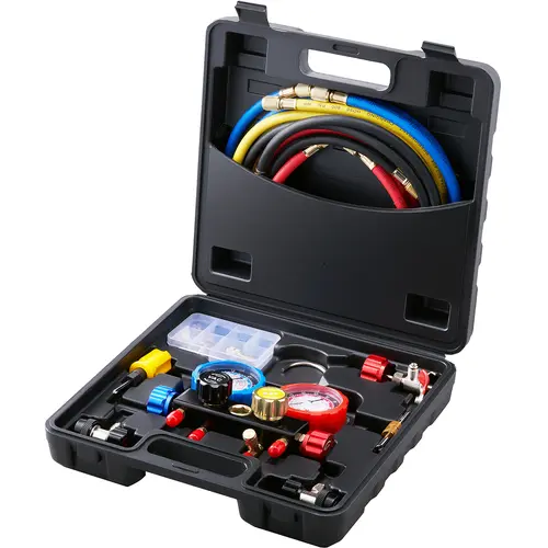 VEVOR 4-Way AC Manifold Gauge Set - Automotive Maintenance Tools with 5ft Hoses, 1x4-Valve Gauge, 2xQuick Couplers, 3xAdapters, 1xScrewdriver, Can Tap for R134A R22 R12 R410A, Car Charging & Evacuation Repair Kit, Father's Day Gift, 1 X 4-Valve Gauge