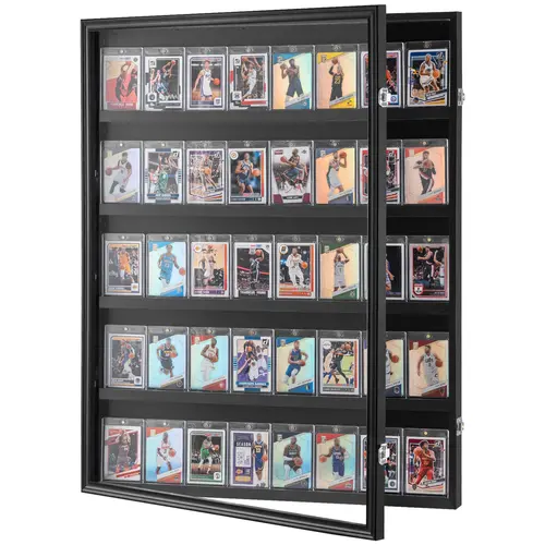 VEVOR 35-Graded Sports Card Wall Mount Display Case, 24.3x30.5x2.1in Wood Frame Display Shelf, 98% UV Fade Guard, 5.4in PC Glass, 5.4in Card Fit, Anti-Theft Locks, Felt Scratch Guard, Drill-Ready Drill to Make Holes Easy Installation for Baseball, Soccer