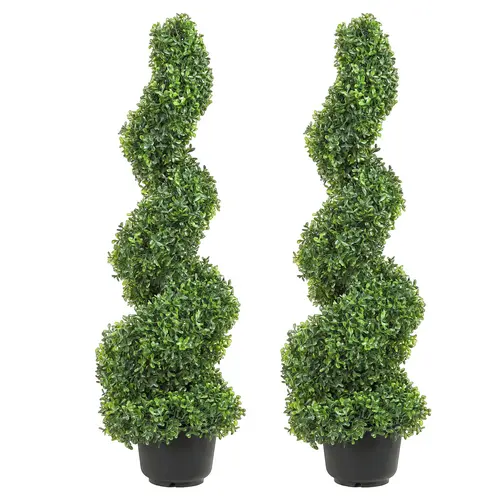 VEVOR 2-Pack 3 ft (91cm) Decorative Artificial Boxwood Spiral Tower Topiary Set - Green PE Plastic & Iron Artificial Trees, Fade-Resistant Pot, 10 Replacement Leaves, Fruit Pot, Upgraded Tool, Indoor/Outdoor Balcony Entryway Home Decor