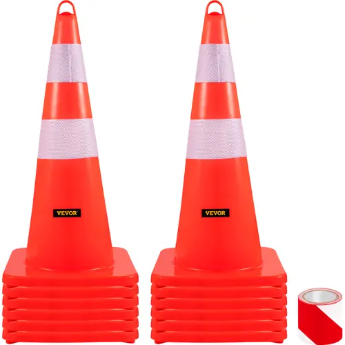 VEVOR 12-Pack 12x28in Orange PVC High Visibility Heavy Duty Safety Cones, Construction Gear with Day/Night Reflective Collars, Large Weighted Base, Hand-Held Ring, Compact Size, Moisture/Oil Ready All-Season Hazard Marking