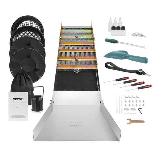 VEVOR 50" Wide Foldable Sluice Box Tool Kit, 23-Piece Aluminum Alloy Gold Prospecting Equipment with Scratch-Resist Box, Gold Pan, Classifier Screen, Separating Magnet, 1 Drawstring Backpack, Shoulder Strap, 1 Paydirt Scoop, Rust-Resistant, Easy Assembly