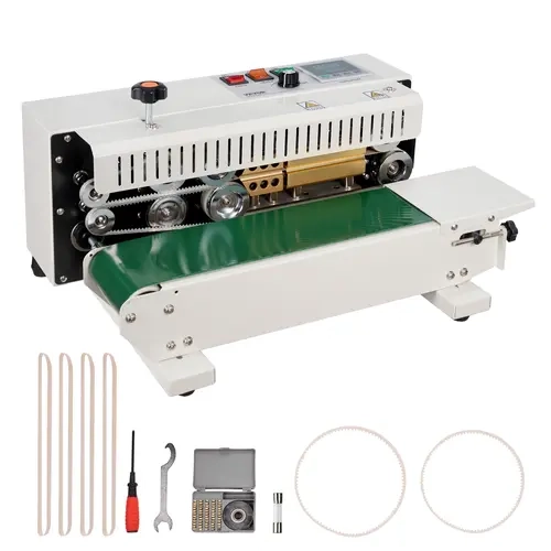 【toolupgrade】VEVOR Durable Commercial Horizontal Continuous Band Sealer Machine, 0.24-0.47 in/6-12 mm Adjustable Seal Width, 0-52.49 ft/min Speed, Digital Temp Control, Carbon Steel for 0.02-0.8 mm Plastic Films, Seal Bags Tool, Print & Emboss