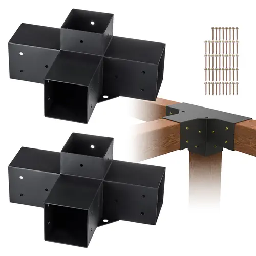 VEVOR 2pcs 4-Way Corner Sturdy Bracket Kit, 2 Steel Pergola Brackets (4"x4" Carbon Steel) with 48 Screws, Easy-Install Woodworks Hardware with Drainage & Grommet Holes for DIY Gazebos Outdoor Post Bases