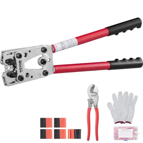 VEVOR Manual Battery Cable Lug Crimping Hand Tool Kit - Carbon Steel Heavy Duty, 10-1/0 AWG Rotating Dies Pliers, Cable Cutter, 95PCS Copper Ring Connectors, 100pcs Heat Shrink Tubes, Gloves Pair, Ergonomic Handle for Long-Term Use