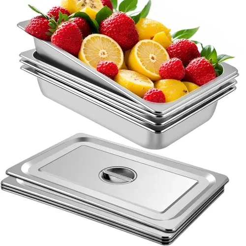 VEVOR 4-Pack Full Size Stainless Steel Steam Table Cookware Pans (21.1x13x3.7in, 13L) - Anti-Jam Containers with Cover/Lid, 3.9in Deep for Tall Dishes, Thermal Heat-Preserving, Polished Mirror Surface, Hotel Trays