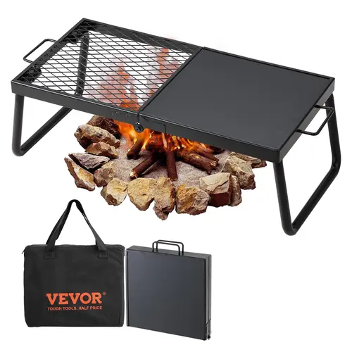 Outdoorgear 22.4 in Rust-proof Steel Foldable Camp Kitchen - Portable, Half Grill-Half Griddle Combo, Pancake-Ready Mesh, High-Temperature Heat Resistant for Barbecue, Compact with Carry Bag, Camping Accessory
