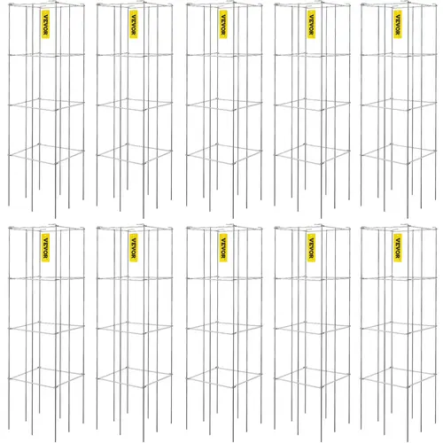 VEVOR 10-Pack Square Foldable Tomato Cages (11.8"x11.8"x46.1"/117cm), Silver PVC-Coated Metal Trellis, Vertical Planter Tower, Ground Stake/Plant Trellis Netting Compatible, 1/4 Width Foldable, Outdoor Climbing Plant Supports for Home Roof Gardens