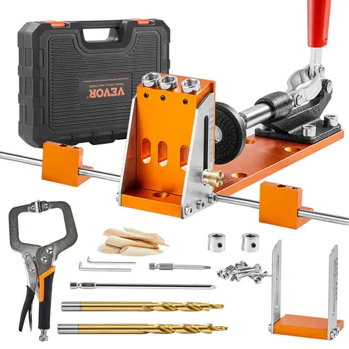 VEVOR 34-Pcs Aluminum Alloy Pocket Hole Jig Full Set with 11" C-Clamp Handle, Step Drills, Wrenches, Stop Rings, Square Drive Titanium Bit, Toolbox, Adjustable Depth Tool Accessories for DIY Enthusiasts, Tools and Gadgets, Drill Attachment Jigs