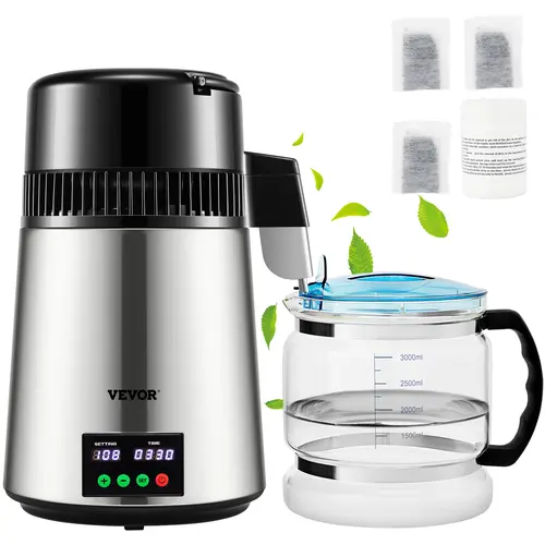 VEVOR 1.1 Gal 304 Stainless Steel Compact Countertop Water Distiller - 0.3 Gal/H 750W Unit, 0-99H Timing, 30-108°C Temp Control/Display, VOCs Dissolved, Glass Carafe, Cleaning Powder, 3 Carbon Packs, Filter Cartridge, Silver Transparent Water Tank