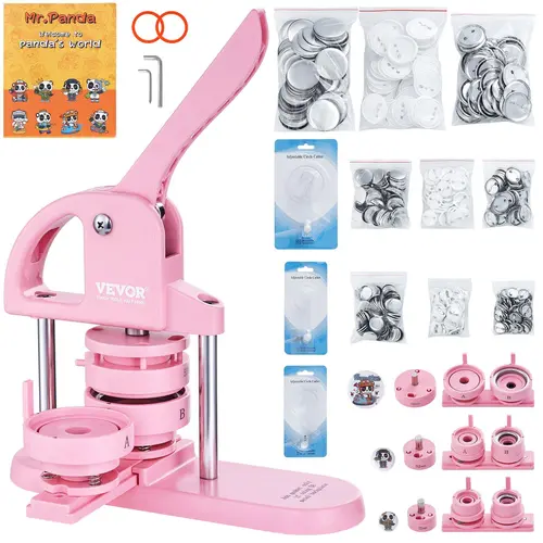 VEVOR 3-IN-1 High-Strength ABS Badge Maker Machine, 1/1.25/2.28in (25/32/58mm) Round Plastic Pin Maker, 300pcs Button Parts, Ergonomic Arc Handle Punch Press Kit, Beginner-Friendly All-Inclusive Set, Pink Kids' DIY Gift for Crafts & Handmade Making