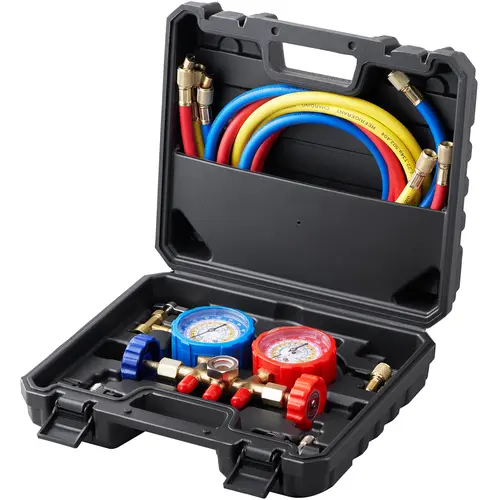 【toolupgrade】VEVOR 3-Way Manifold Gauge Set - Automotive Repair Tools, 1 x 3 Valve Gauge, 5ft Hoses, 2 x Quick Couplers, Can Tap, Adapter 1/4-1/2, Solid Brass, ±1.6% Error for R134A R22 Freon Charging & Evacuation