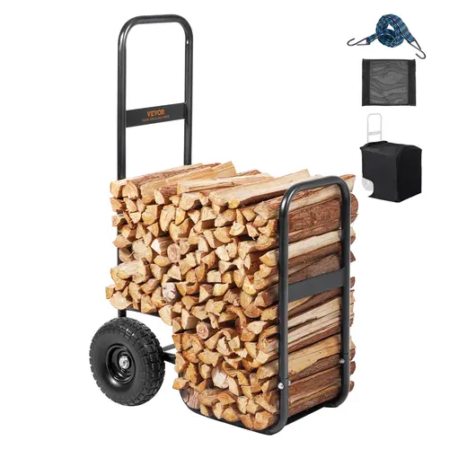 VEVOR Firewood Log Cart, TikTokShopBlackFriday, 250 lbs Capacity, Outdoor and Indoor Wood Rack Storage Mover with PU Wheels & Waterproof Cloth, Heavy Duty Steel Dolly Hauler, Firewood Carrier for Fireplace, Fire Pit, Black