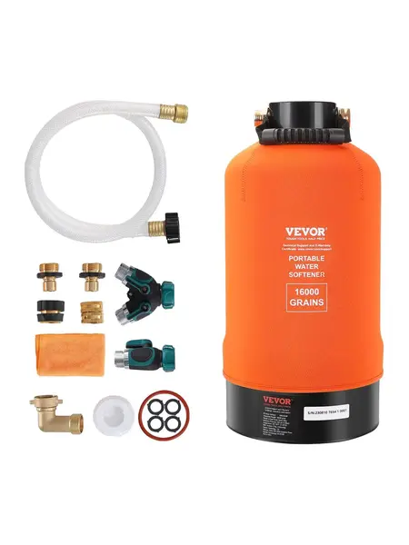 VEVOR Portable RV Water Softener - 16,000 Grains Cap., 3/4-inch Brass Quick Hookup Fittings, 42-in Hose, Water Cleaner Purifier, 150 PSI Pressure, Ergonomic Handle, Easy Carry, for Camping, Everyday Use, RVs, Trailers