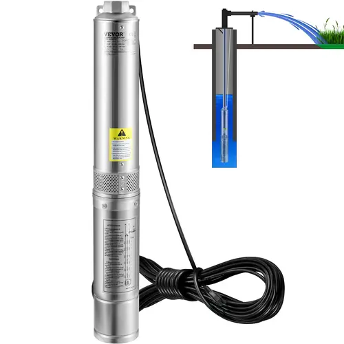 VEVOR 4 Inches Heavy Duty Stainless Steel Deep Well Submersible Pump, 1HP 115V/60Hz, 37gpm Flow, 207ft Max Head, 33ft Cord, Copper Check Valve, IP68 Waterproof, 6-Stage Thermoplastic Impellers, Works for Wells Reservoirs Rivers, Irrigation Home Use