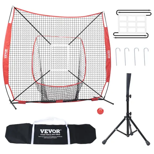 VEVOR 7x7 ft Polyester Baseball Softball Practice Net, Portable Sturdy & Anti-Tipping Bow Frame Training Net for Adults Hitting, Batting Tee (27.6–42.1"), Backstop Equipment with Carry Bag, Strike Zone, Ball