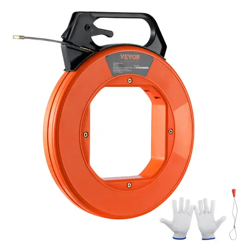 VEVOR 125-ft Length 3/16-inch Diameter PET Fish Tape Wire Puller, Non-Conductive Drop-Ready ABS Casing, Thick Handle, Optimized Stable Housing, Smooth Nickel-Plated Carbon Steel Pulling Head, Nickel Steel Glide, Indoor Wall & Floor Electrical Tool