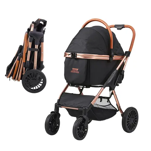 VEVOR Pet Dog Stroller, 4-Wheel with Dual-Brake System, 66 lbs Capacity, Detachable Fabric Carrier with Metal Buttons, 360-Degree Swivel Wheels, Wide Field of Vision, Storage Basket & Pet Pad, for Small-Medium Dogs, Black